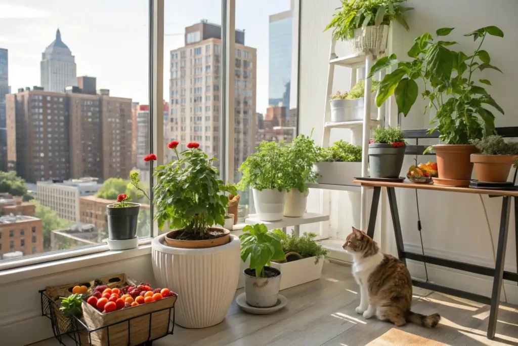 Urban Indoor & Balcony Gardening – Realistic Photo Scene (Pet-Safe + Edible Plants)